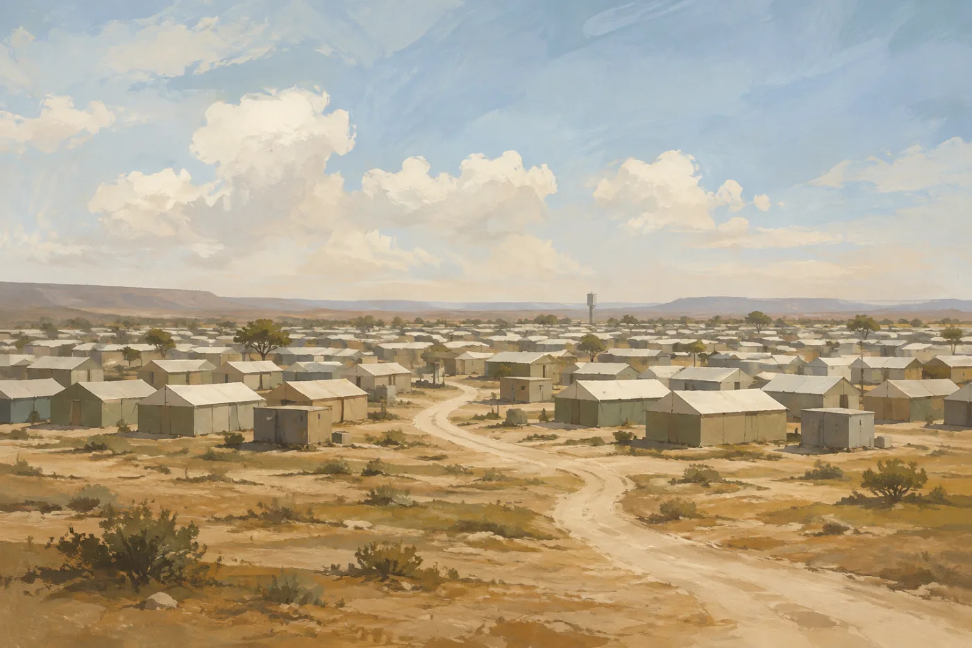 Temporary shelters stretching across open ground at a displaced-persons camp.