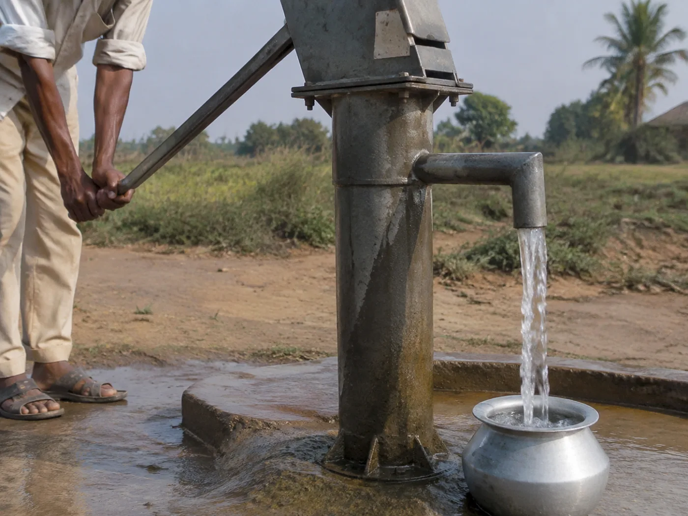A working water pump in use by a community.