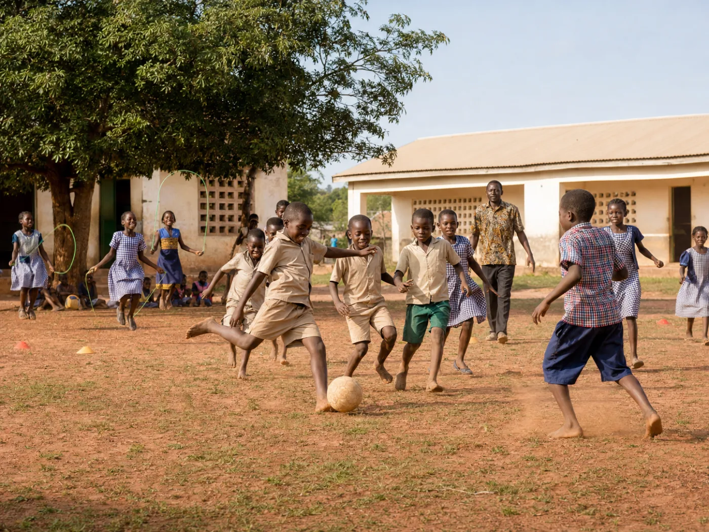 Children playing football and skipping on a village school pitch, with a teacher looking on.