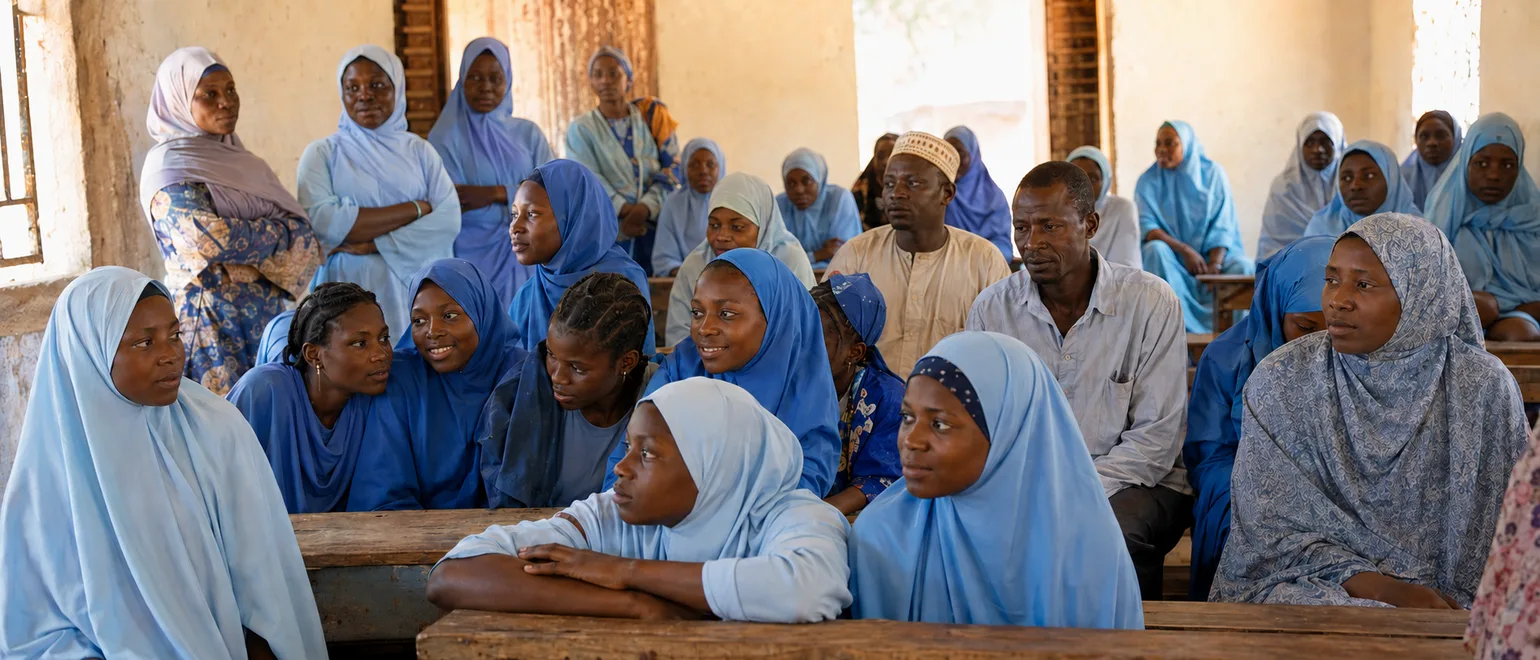 Women and girls in blue hijabs seated together at a village community meeting, listening and talking.